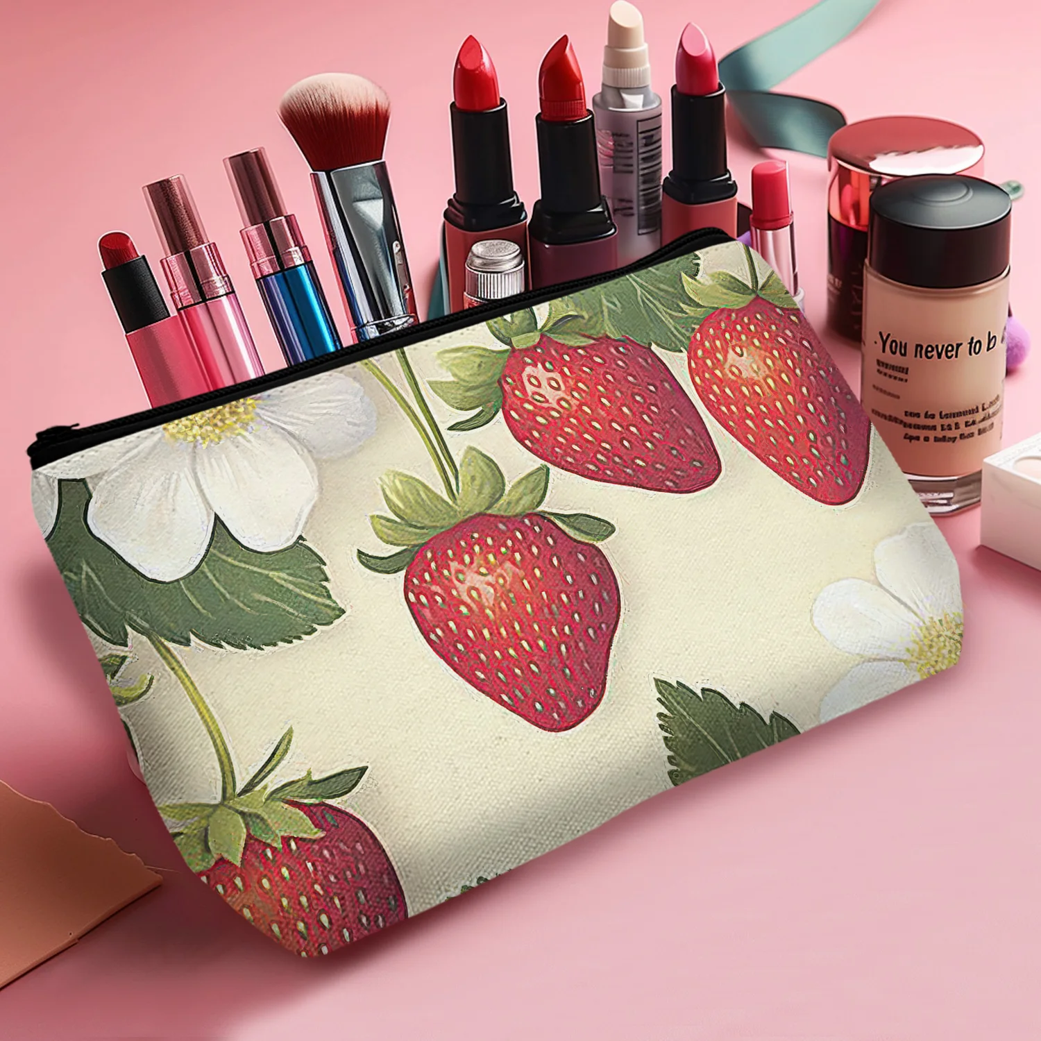 1Pc Strawberry Pattern Cosmetic Bag Delicious Strawberries White Flowers Plant Growth Process Pattern Cosmetic Bag 8.66X5.51Inch