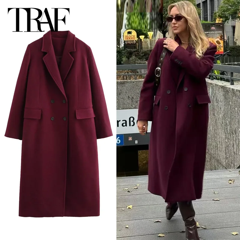 TRAF Women Winter Coats Tweed Burgundy Coat Wool & Blend Coat Office Wear Women Long Sleeve Long Coat Women Red Coat Outerwears