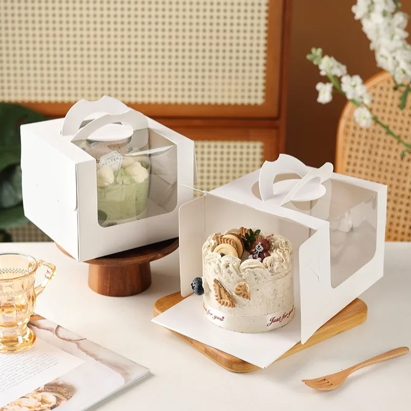 4 Inches 6 Inches White Cardboard Clear Window Cake Box Birthday Cake Muse Portable Paper Boxes Thickening Baking Handle Box