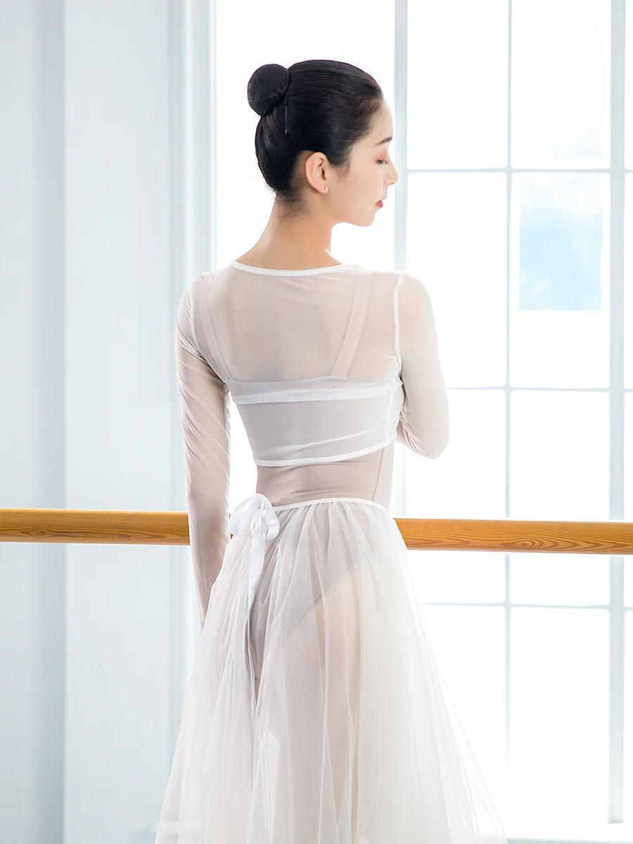 New Front Drawstring Pleated Dance Clothes White Yarn Adult Women Body Ballet Practice Mesh Top Gymnastics Clothes for Girls