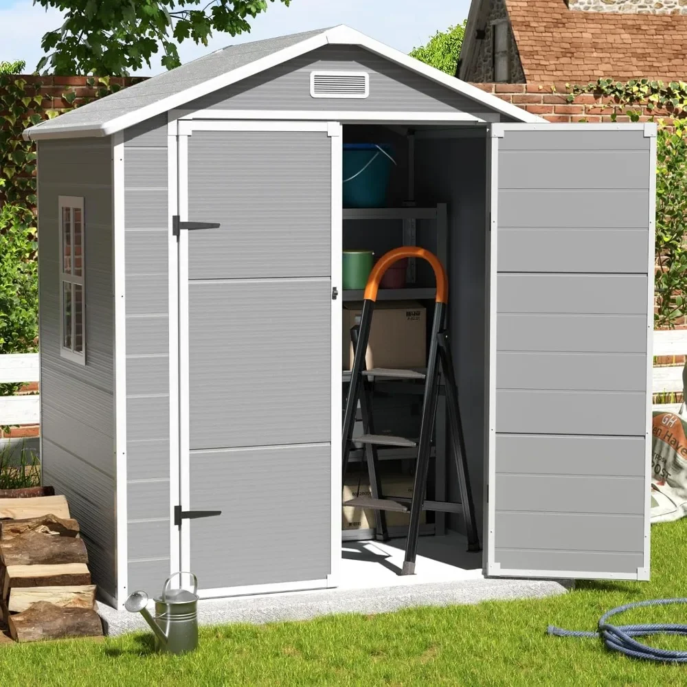 

6x4.5 FT Resin Shed with Floor and Lockable Door, Window & Vents,Tool Sheds & Outdoor Storage for Bike,Waterproof (Grey & White)