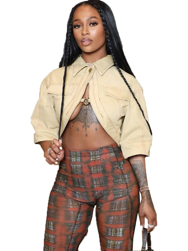 Nibber Small Personality Woman Jacker Button Metal Ring Autumn Cardigan Outdoor Street Fashion Half-Sleeved Lapel Short Coat