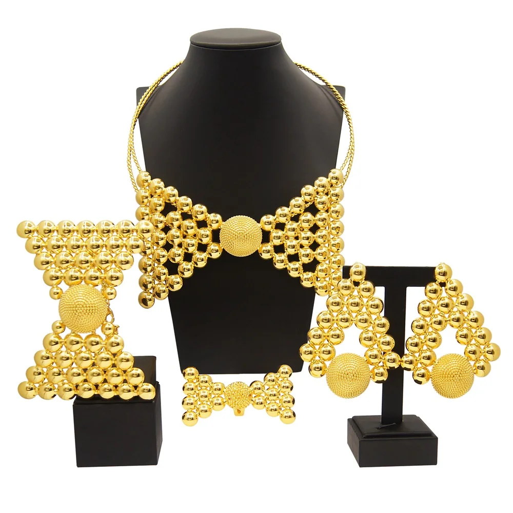 

Luxury Bow Design Jewelry Set for Women 18k Gold Color Big Pendant Necklace and Earrings Bridal Weddings Nigerian Accessories