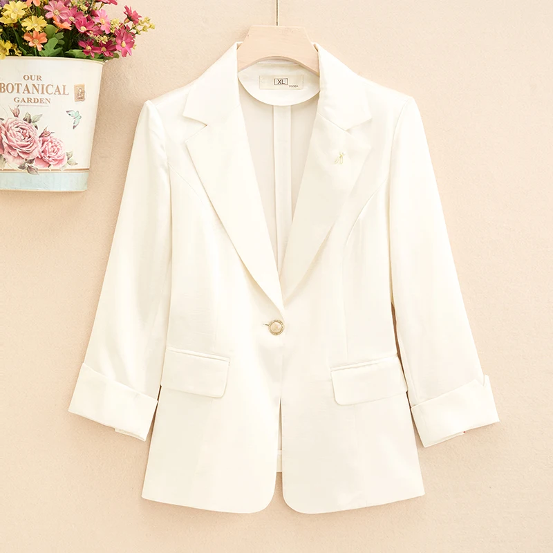 

New Summer Thin Satin One-Button Waist-Cinching Seven-Sleeve Women's Jacket Bright Finish Slim Fit Warmth Polyester Fiber
