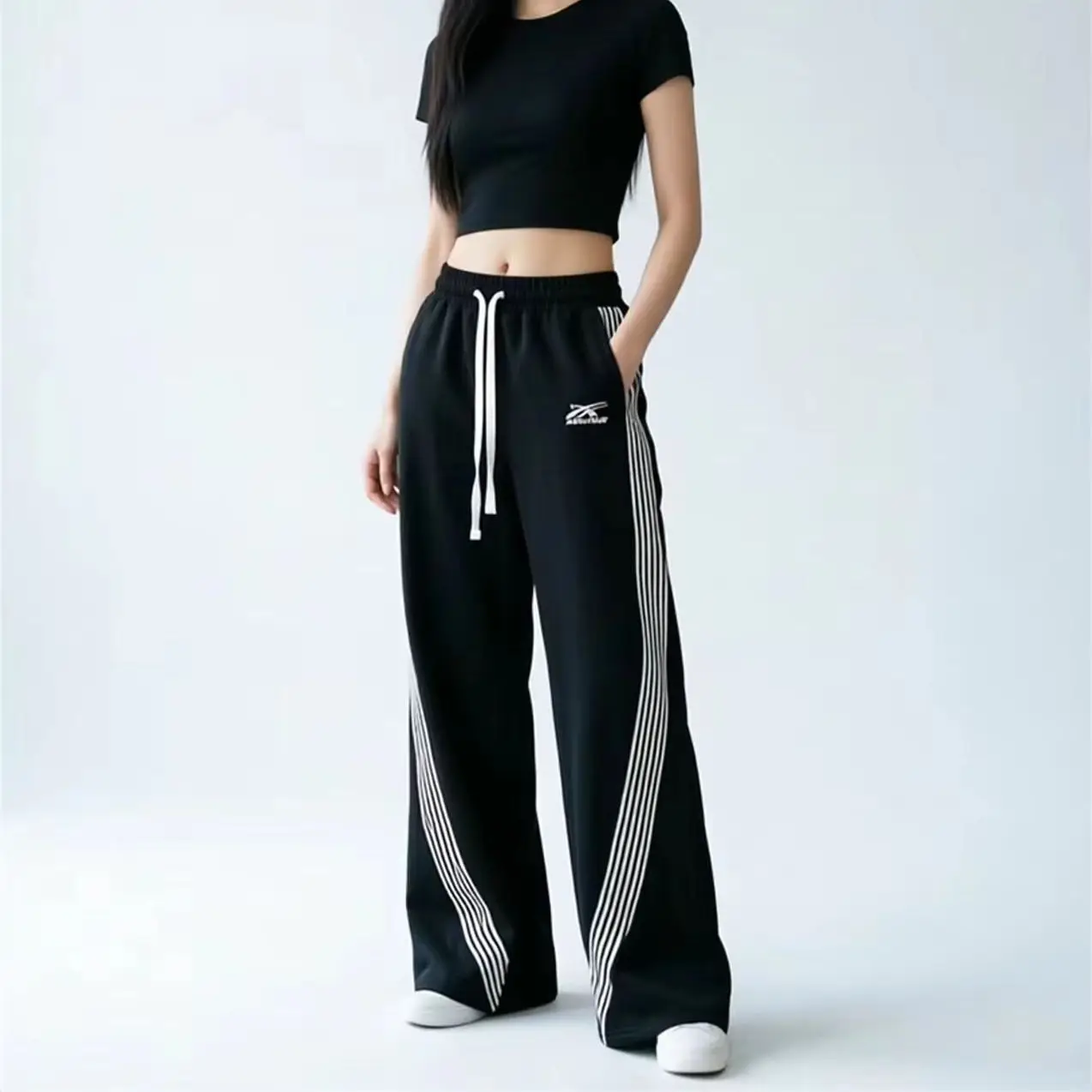 Retro Embroidered Baggy Pants Fashion Women Drawstring Straight Loose Striped Jogging Pant 2026 Casual Harajuku Hip Hop Trousers