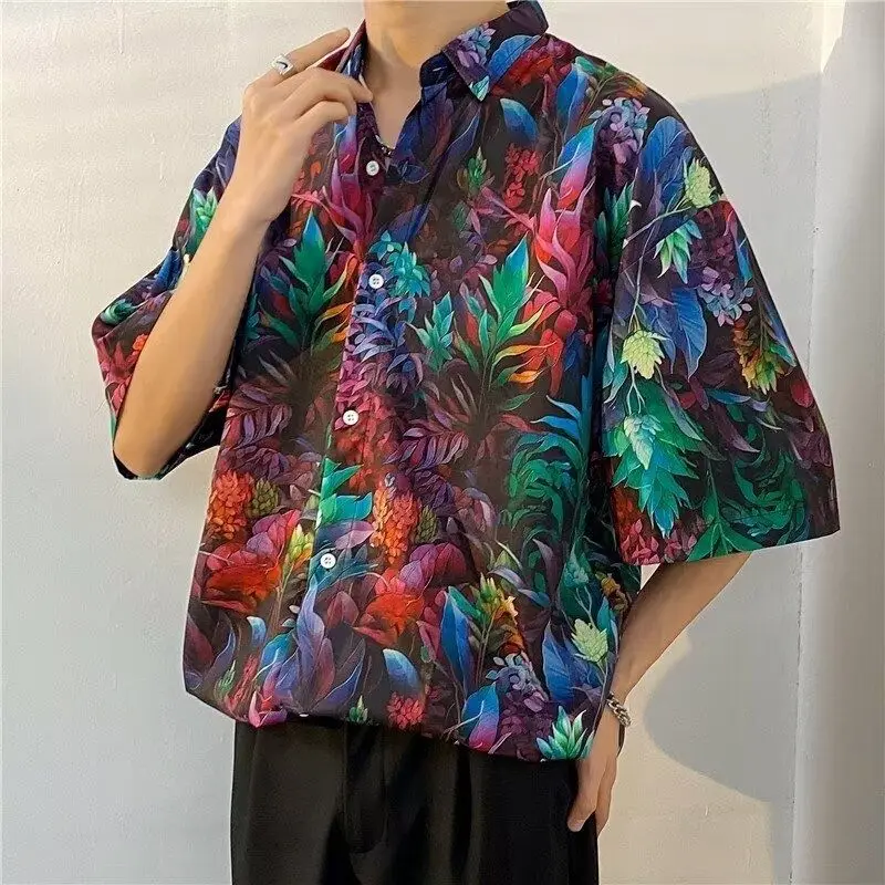 

Hawaiian flower shirt five-quarter sleeve men's summer beach shirt summer Hong Kong style shirt loose trendy men clothing tops