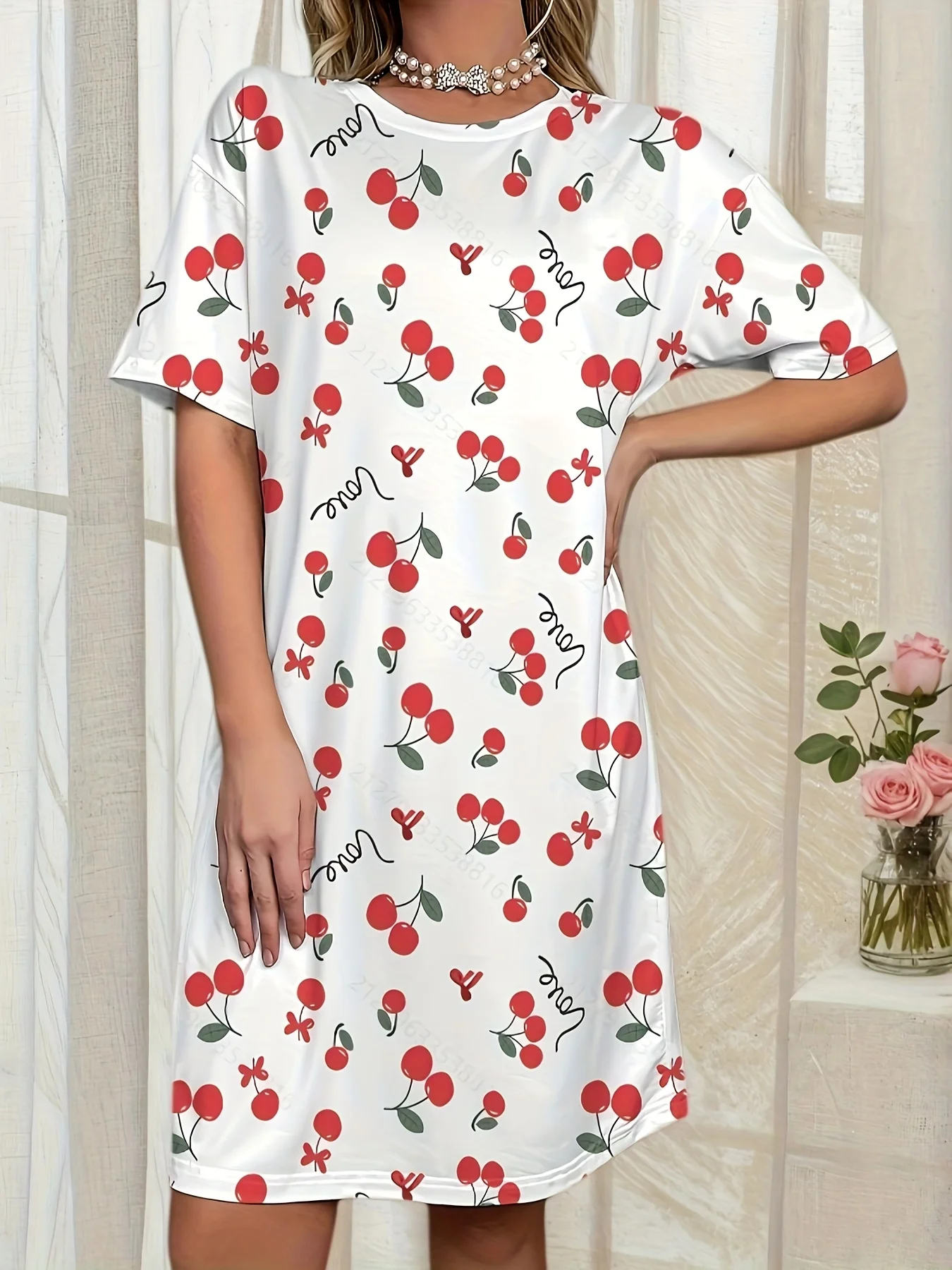 

Plus Size Women's Casual Cherry Printed T-Shirt Dress with Letter "M" Design - Soft Short Sleeve Round Neck A-Line Mini Dress