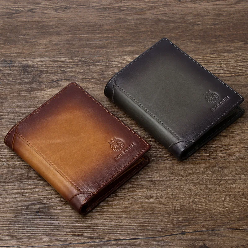 Top layer cowhide anti-theft brushed genuine leather wallet for men, short vertical multi-functional wallet