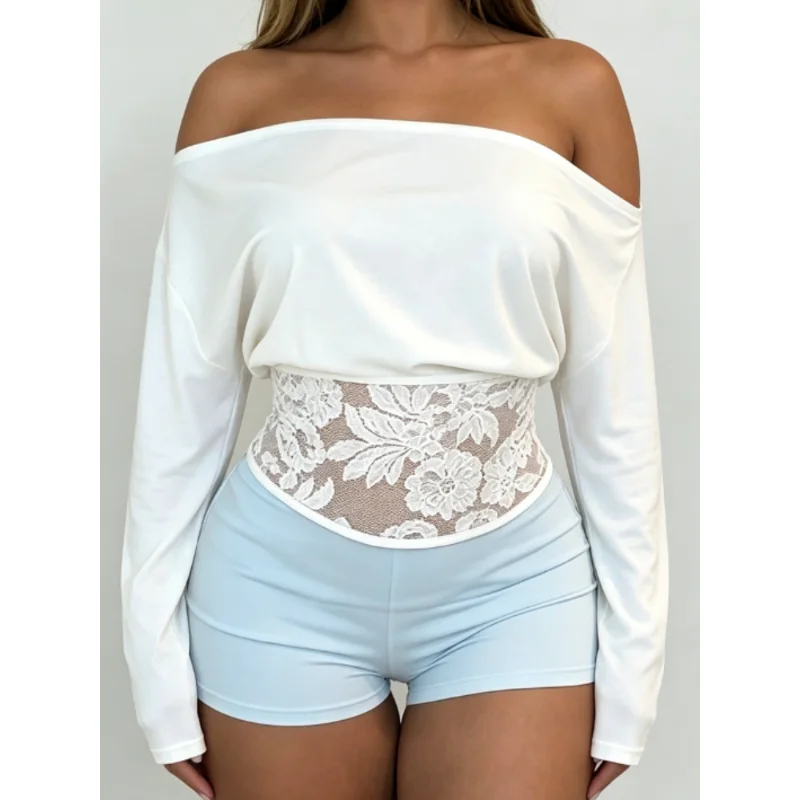 New Chic Spring and Autumn Sexy Cute Off Shoulder White Long Sleeve Shirt, Floral Lace Loose Fitting Casual Daily Top