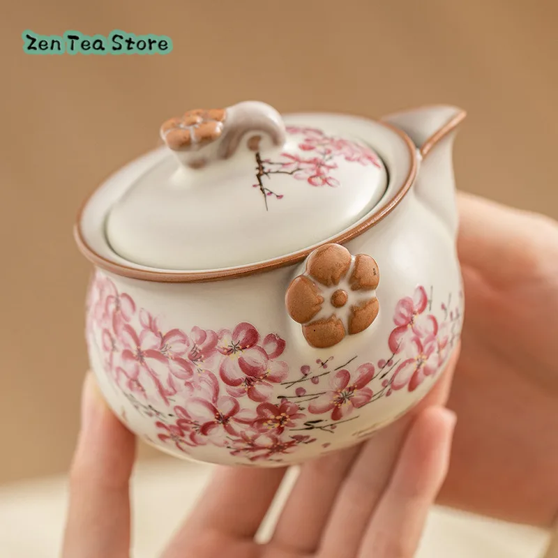 Lard Frozen Ru Kiln Teapot Single Pot Of Tea Plum Flower Vase Hand Grab Pot Single Chinese High-grade Ladies Tea Set