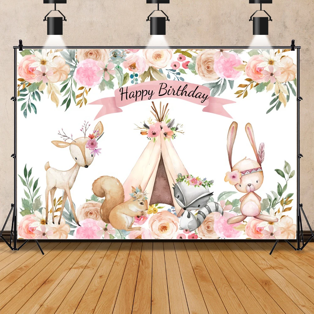 Wood Birthday Backgrounds For Photo Watercolor Fox Giraffe Safari Baby Shower Customized Banner Poster Party Photo Backdrops