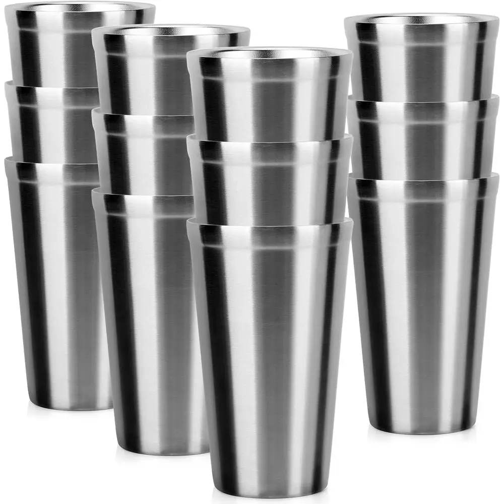 

StainlSteel Cups 16 oz, 12 Pack Large StainlSteel Tumbler Bulk Stackable Double Wall Insulated Metal Pint Glasses Tin Cups or Dr