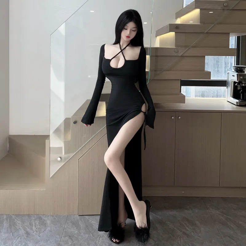 

Gidyq Women Black Sexy Dress Korean Fashion Slit Lace Up Long Dresses Spring Casual Streetwear Female Party Ball Gown Dress New