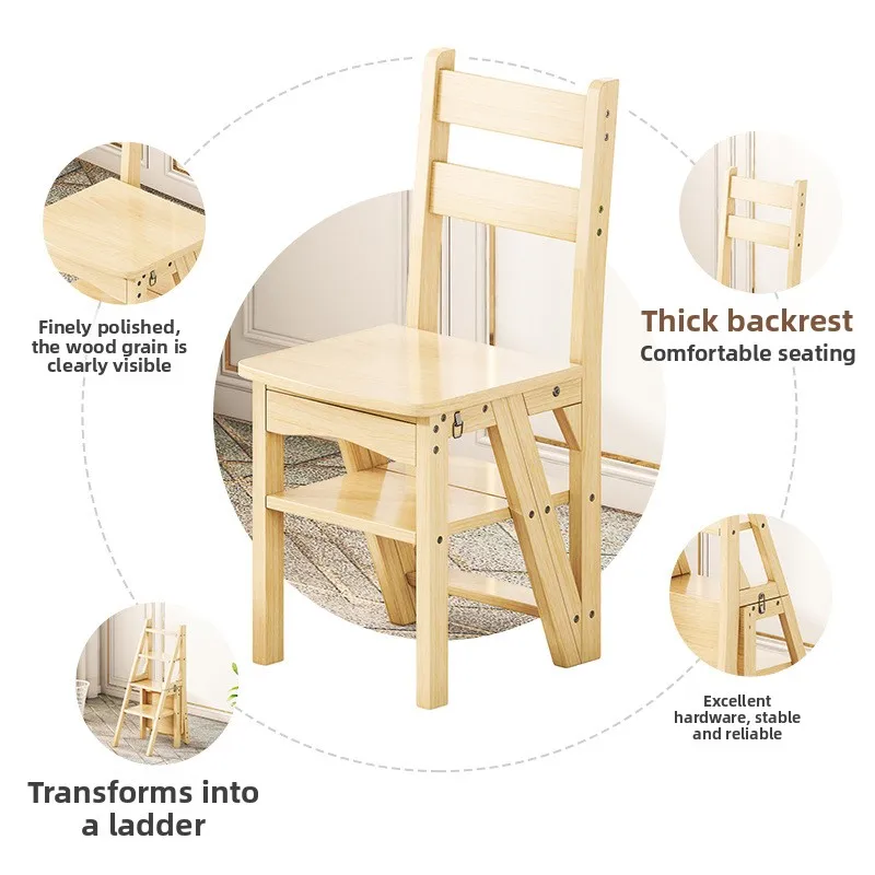 Home multifunctional folding and flipping ladder stool, solid wood folding ladder stool, climbing ladder, flipping ladder stool