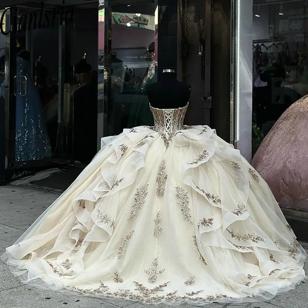 Champagne Sweetheart Ruffles Quinceanera Dresses Ball Gown With Jacket Appliques Lace Sweet 15 Birthday