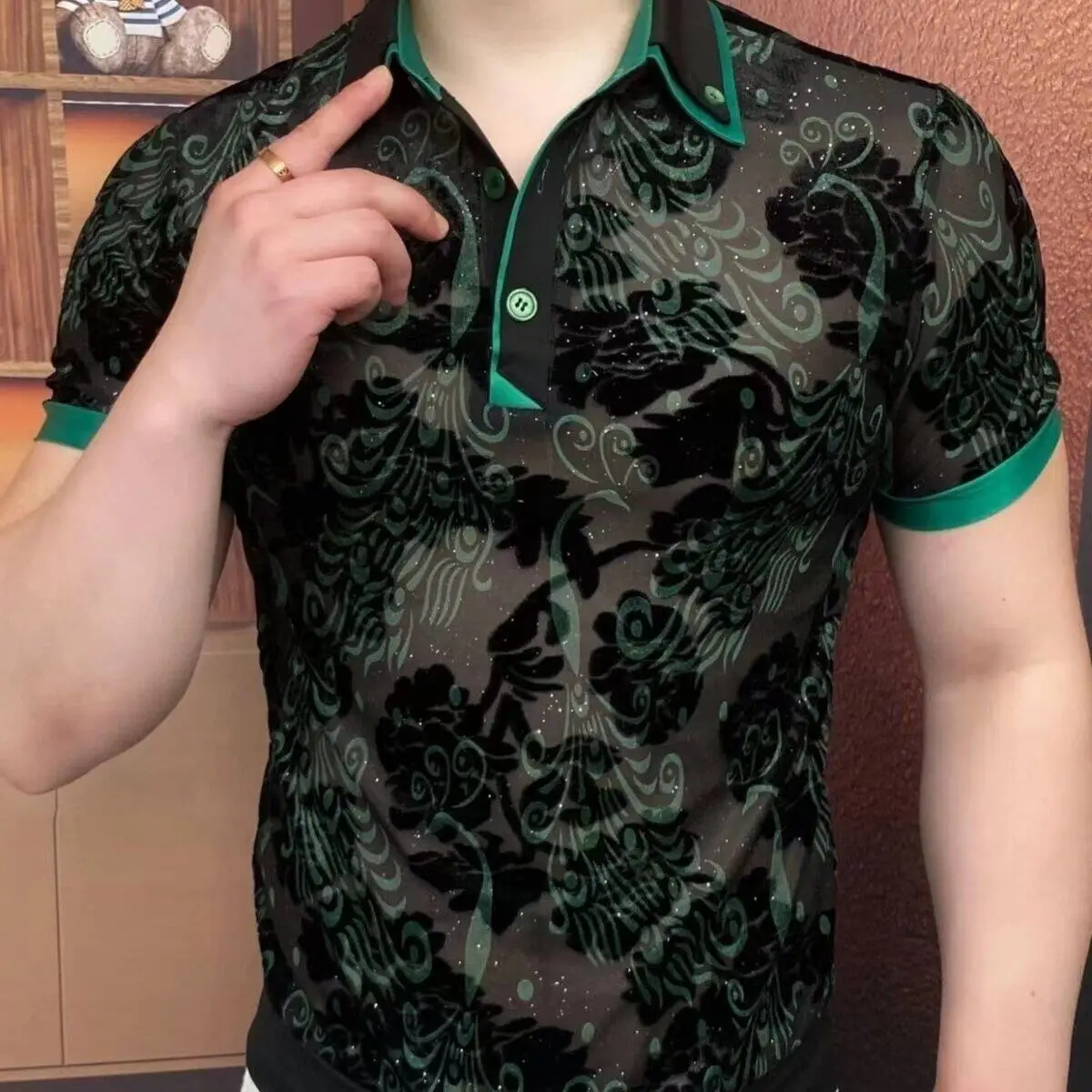 Summer Men's Polo Shirt Velvet Hollow Carved Short Sleeved Polo Shirt Fashion Slim Fit Elastic Casual Business Lape T-shirts