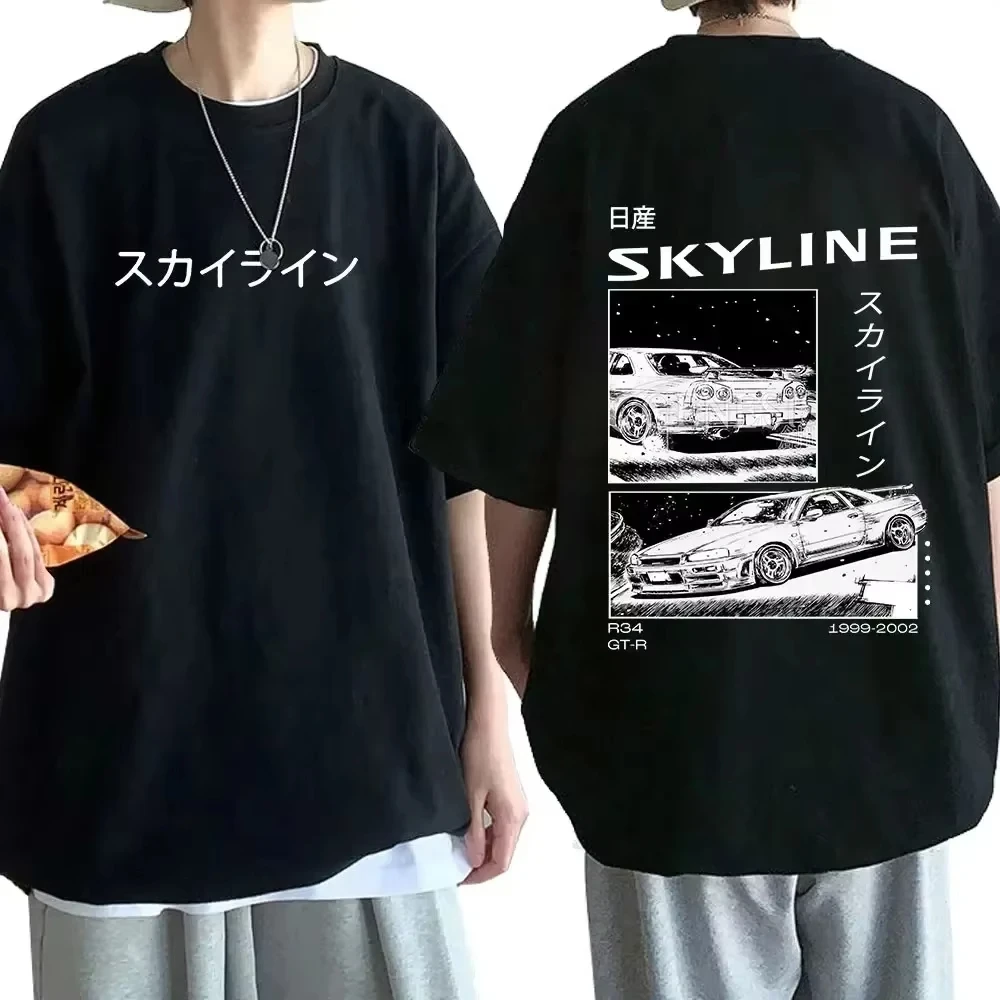 Anime Drift AE86 Initial D Double Sided T Shirt O-Neck Short Sleeves Summer Men's and Women's R34 Skyline GTR JDM Manga T-Shirt