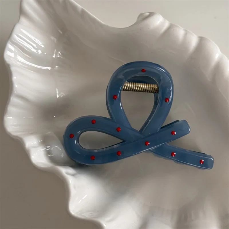 Fog blue red polka dot grab clip French high-end sense niche design sense sweet back head hair disc shark clip hair accessories image 6