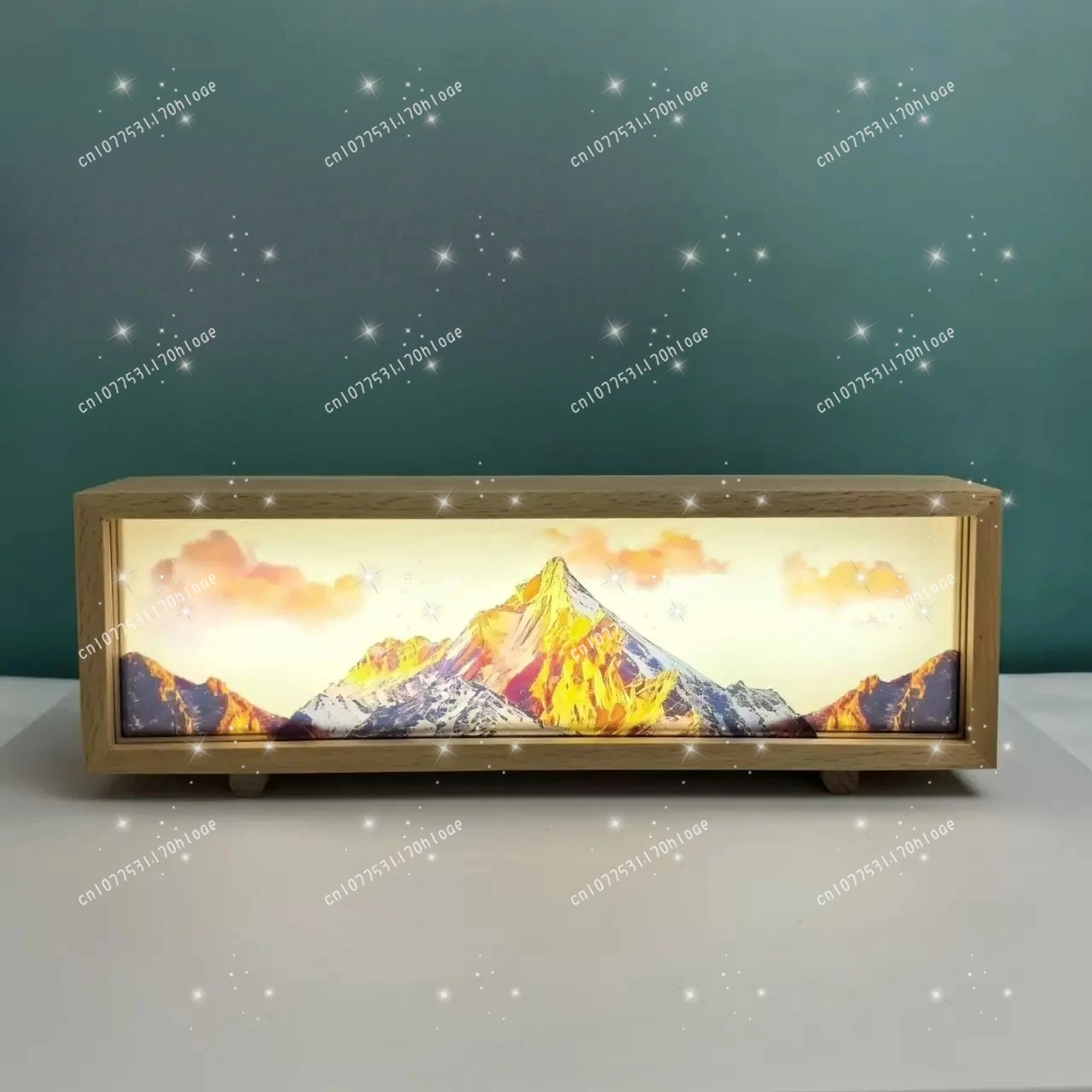 Small Night Light Desktop Ancient Style Desk Lamp, Sunlit Golden Mountain Lamp with Painted Design
