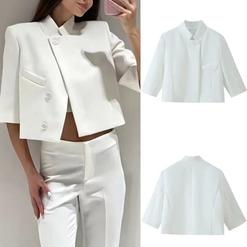 Women's High Neck Short Sleeve Short Outerwear Buttons Decoration Versatile Casual Daily Jackets Wear for Females 2026 New