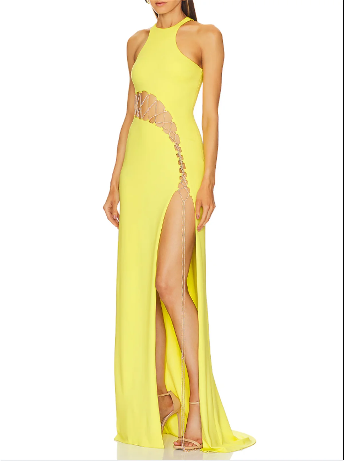 Fashion Bright Yellow A-Line Prom Dress Sexy Open Waist Cut-Out Evening Dress Diamond Strap High Slit Special Occasion Chiffon