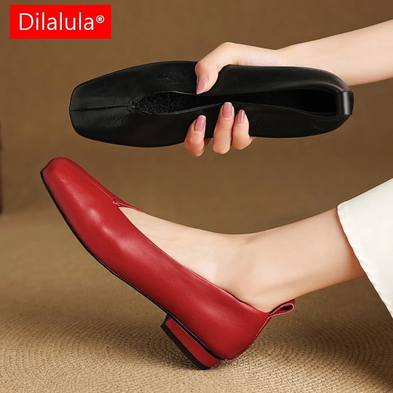 

Dilalula 2025 винтажные туфли-лодочки из натуральной кожи, женские туфли-лодочки без шнуровки на низком толстом каблуке с квадратным носком, женская обувь для свиданий