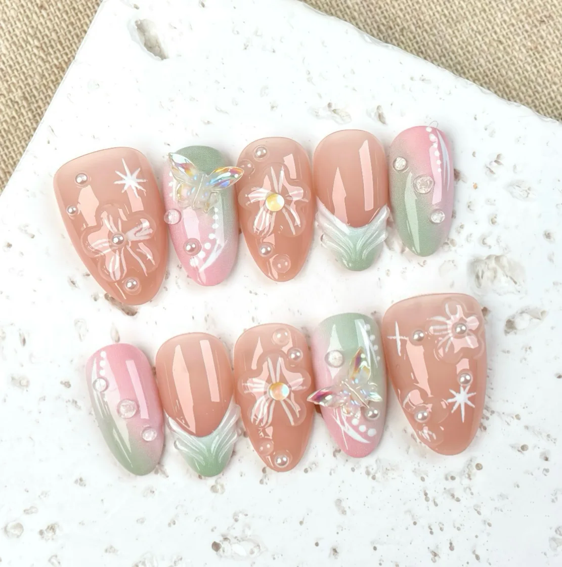 

24PCS Peach Pink Green Almond Press on Nails 3D Butterfly Flower Pearl Rhinestone Ombre French Sweet Style Reusable False Nails