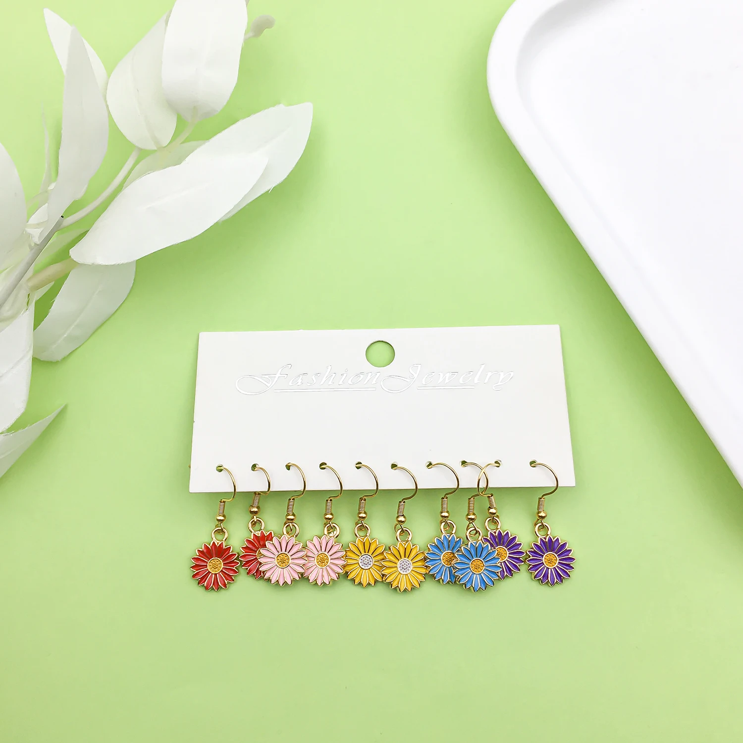 5 Pairs/Set Enamel Colorful Small Daisy Design Earrings Alloy Women Girls Jewelry Gifts