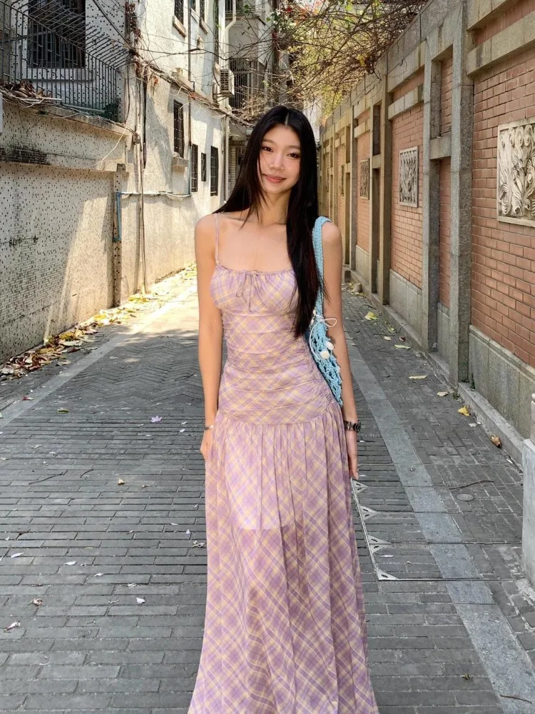 

HOUZHOU Elegant Korean Long Dresses Women Party Sweet Plaid Beach Midi Dress Mesh Ruffle Sexy Backless Strap Dress Transparent