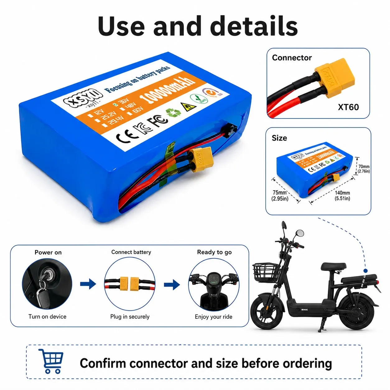 36V Li-Ion Battery Pack Replacement for E Scooter E Bike DIY Repair Multi Connector Options Connector Match Repair