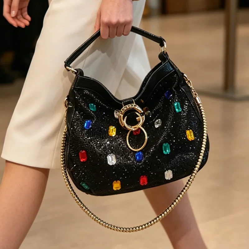 Luxury Genuine Leather Women's Handbags Large Capacity Diamonds Tote Bag Jewel Shoulder Crossbody Bucket Bags Fashion 2026 New