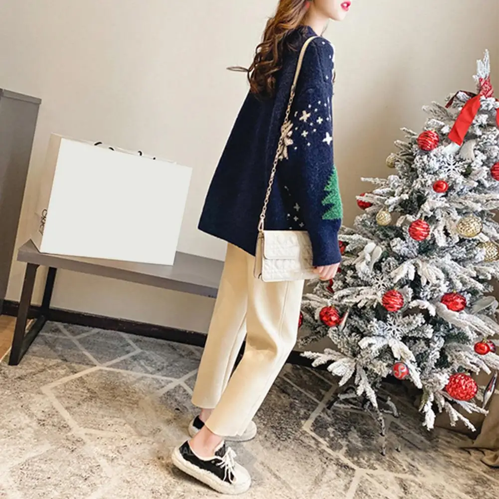 Women Festive Sweater Knitted Sweater Cozy Women\'s Christmas Sweater Knit Thick Round Neck Festive Tree Print Soft Warm for New