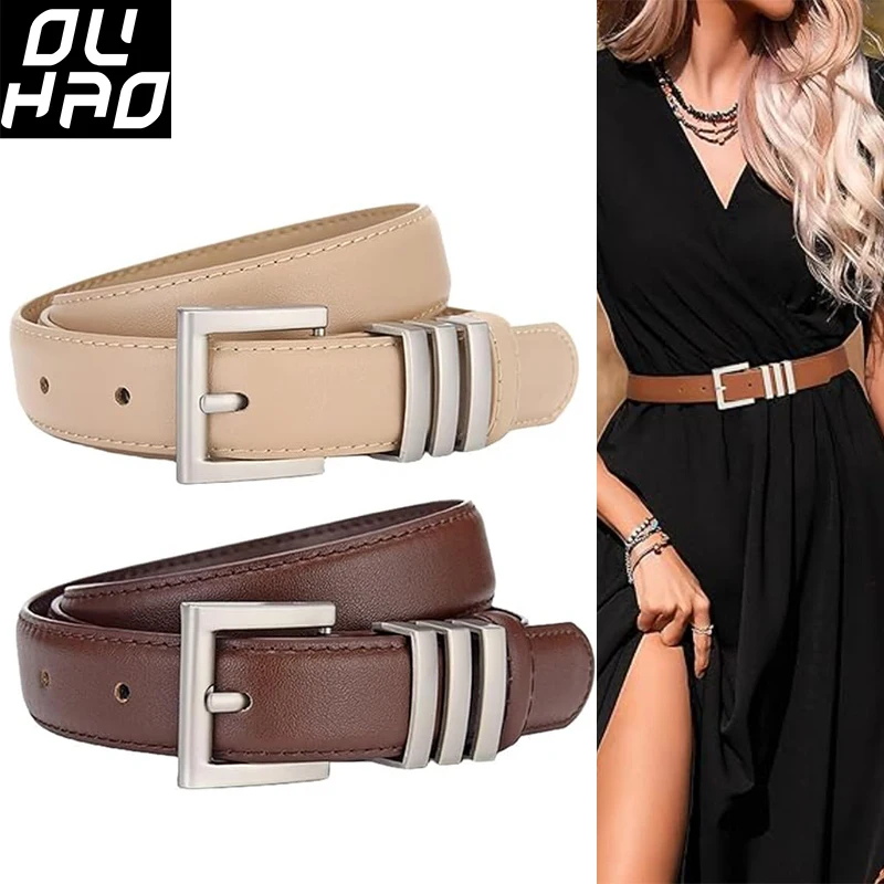 

Fashion Women Casual Leather Belt for Jean Pants adjust Cowhide Silver Matte Buckle Fashion Black Western Belts for Women