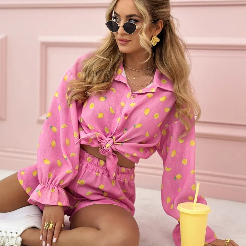Women Lemon Print 2‑Piece Outfit Button Down Shirt Shorts Set Casual Loose Loungewear Suit For Beach Vacation Daily Home Wear