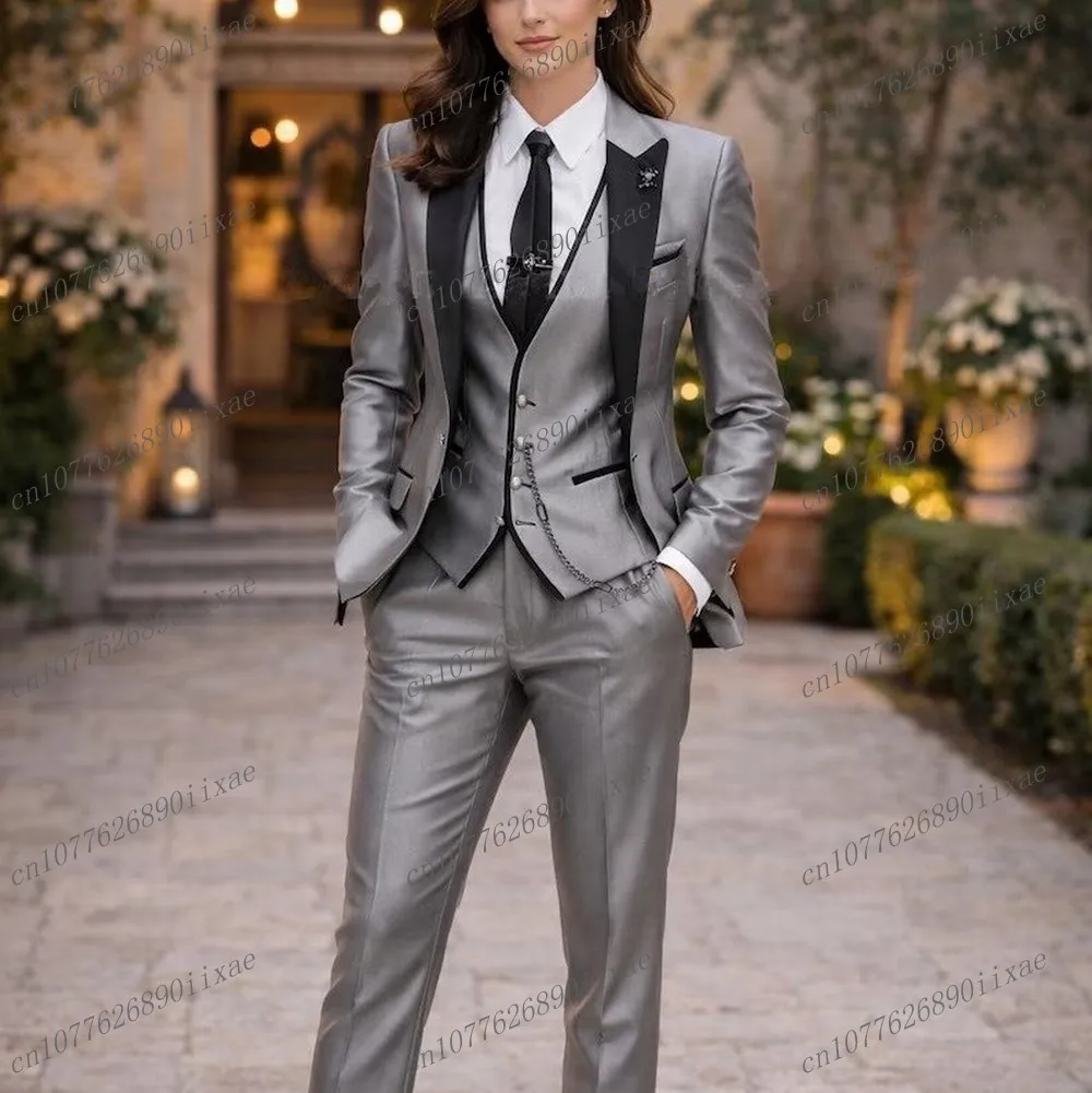 

Черный костюм с серым воротником для женщин: деловой офисный костюм, смокинг для мамы, наряд для свадьбы, вечеринки, официальный женский комплект из 3 предметов: пиджак, жилет, брюки