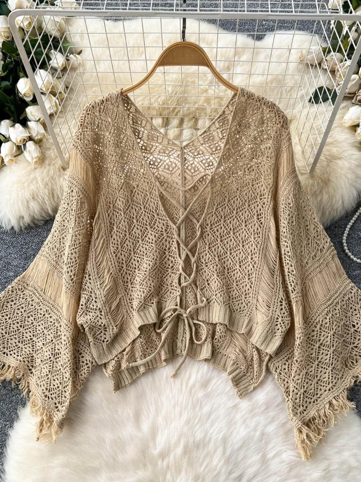 

Beach Vaion Knitted Long Sve Hollow out Belted Trousers Women's Top Loose Fit Korean Sle Summer Outerwear Sun Protect...