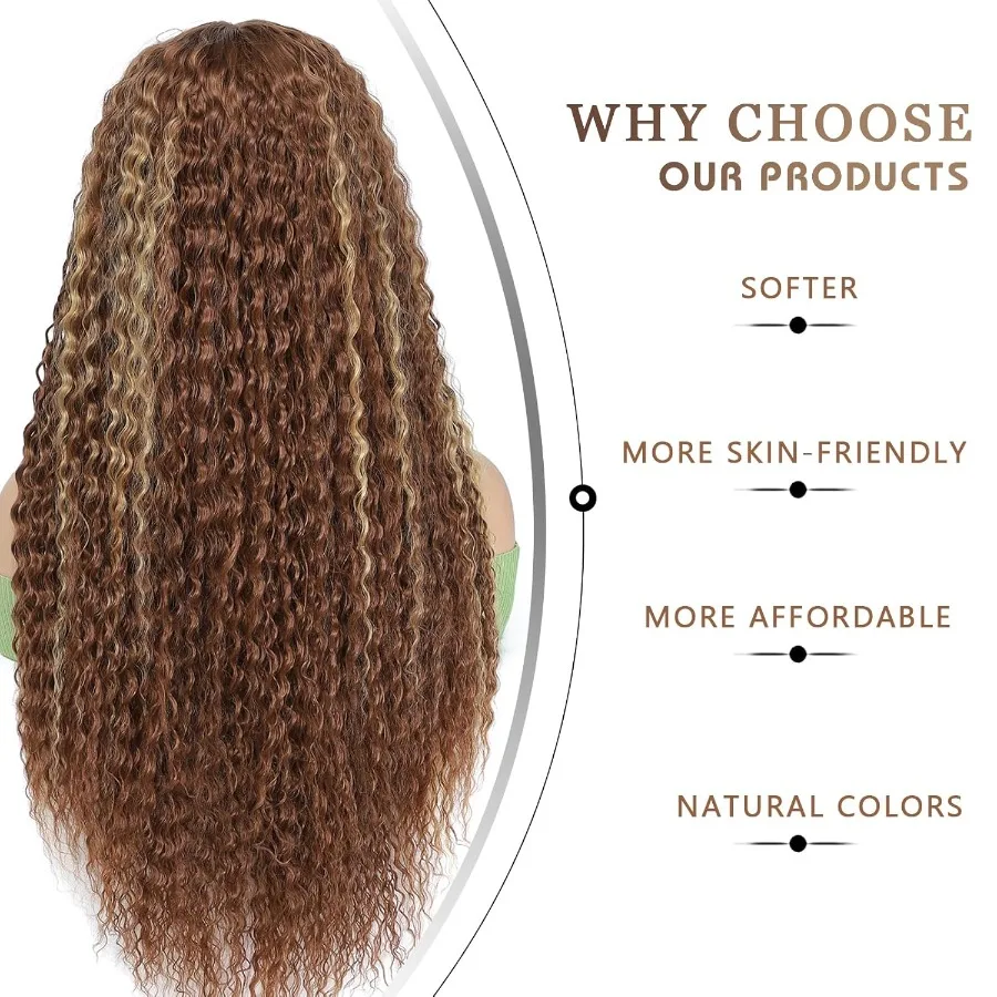 باروكات صناعية طويلة مجعدة للنساء ذوات البشرة السمراء ذات ملمس مجعد عميق وتسليط الضوء على أشقر بطول 30 بوصة مثالية للارتداء اليومي #6