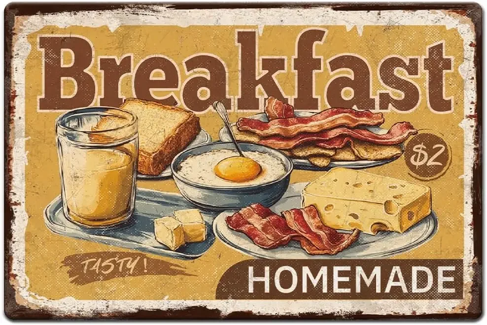 1pc Vintage Metal Tin Signs  inch Retro Plaque Breakfast Fried Egg Cheese Bacon Olive with 4 Pre-Drilled Holes