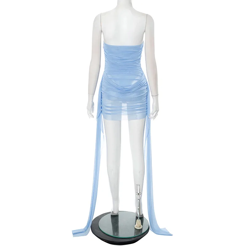 Women Fashion Sexy Ribbons Shirring Strapless Bodycon Mini Dress with Bodysuit Lining 2025 Summer Vacation Beach Robe Vestidos
