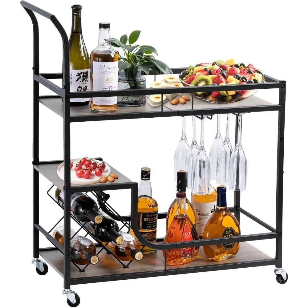 

Bar Trolley, Bar Service Cart on Wheels, 2nd Tier Bar Cart for Family Kitchen Dining Room with Wine Rack and Glass Rack (Black)