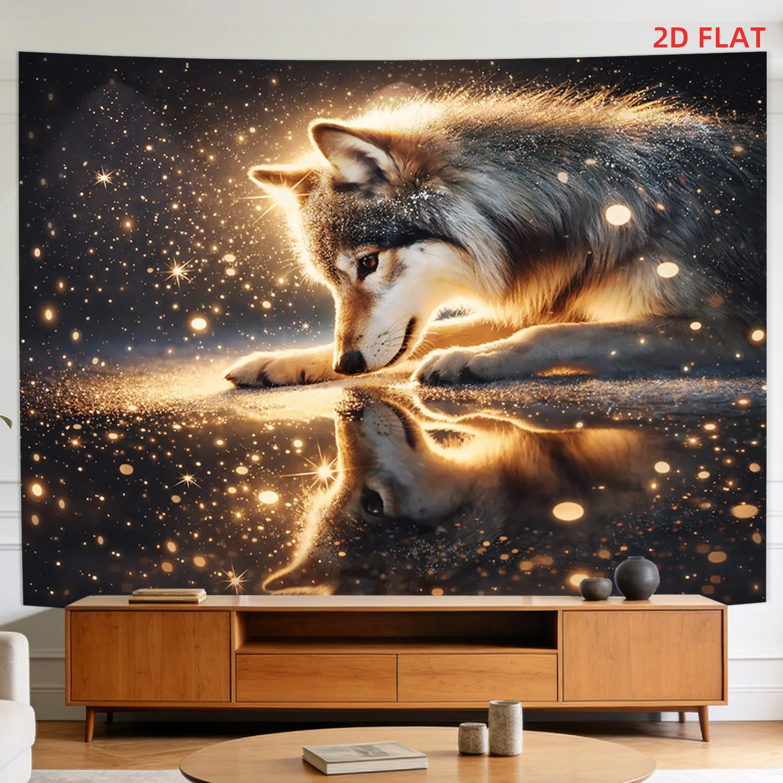 Spirit Wolf Tapestry, Glowing Stars Wall Hanging, Cosmic Reflection Art Dorm Decor, Mystical Animal Bedroom Blanket