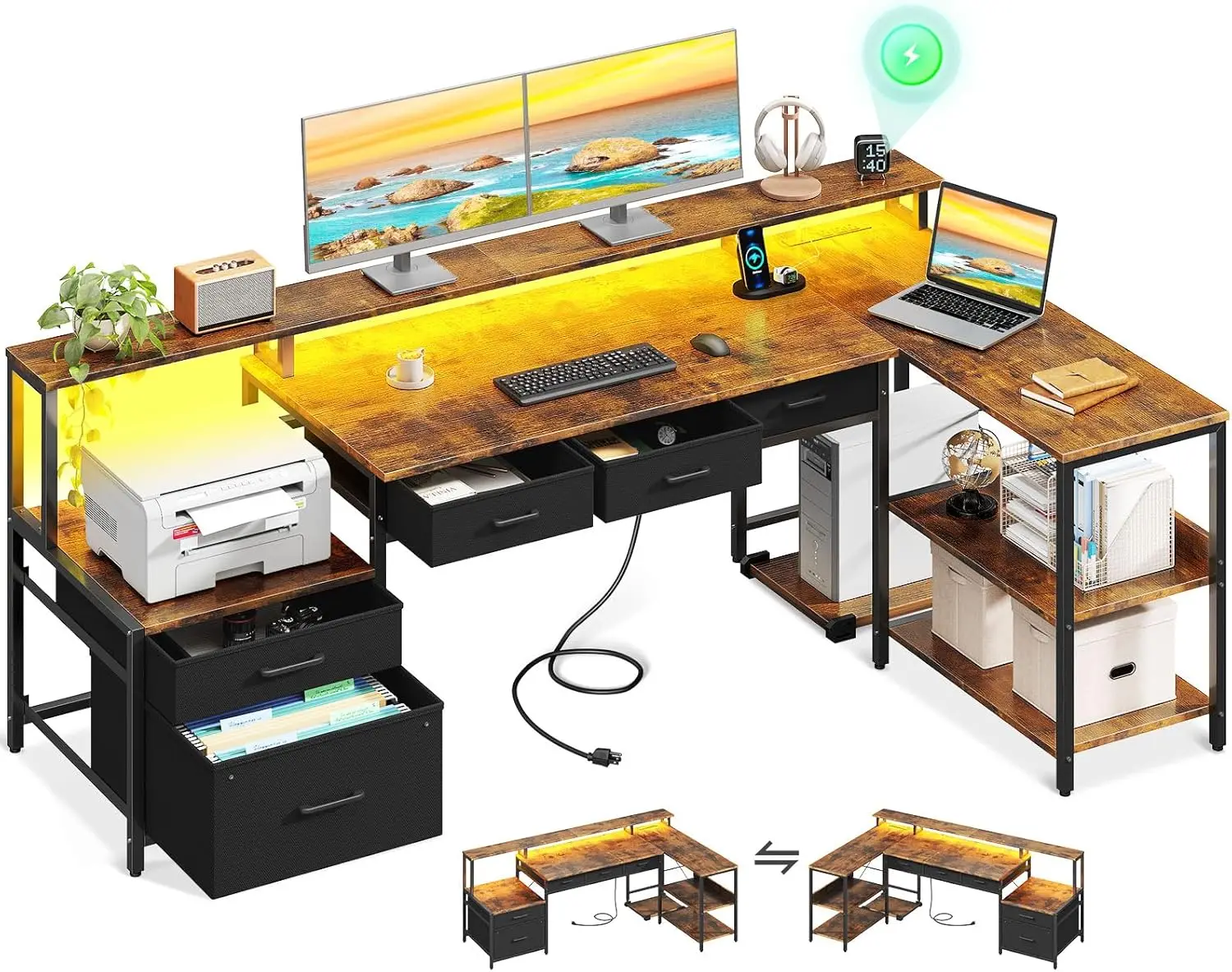 

L Shaped Desk with 5 File Drawers, 66" Reversible L Shaped Computer Desk with Power Outlet & LED Strip, Color Available