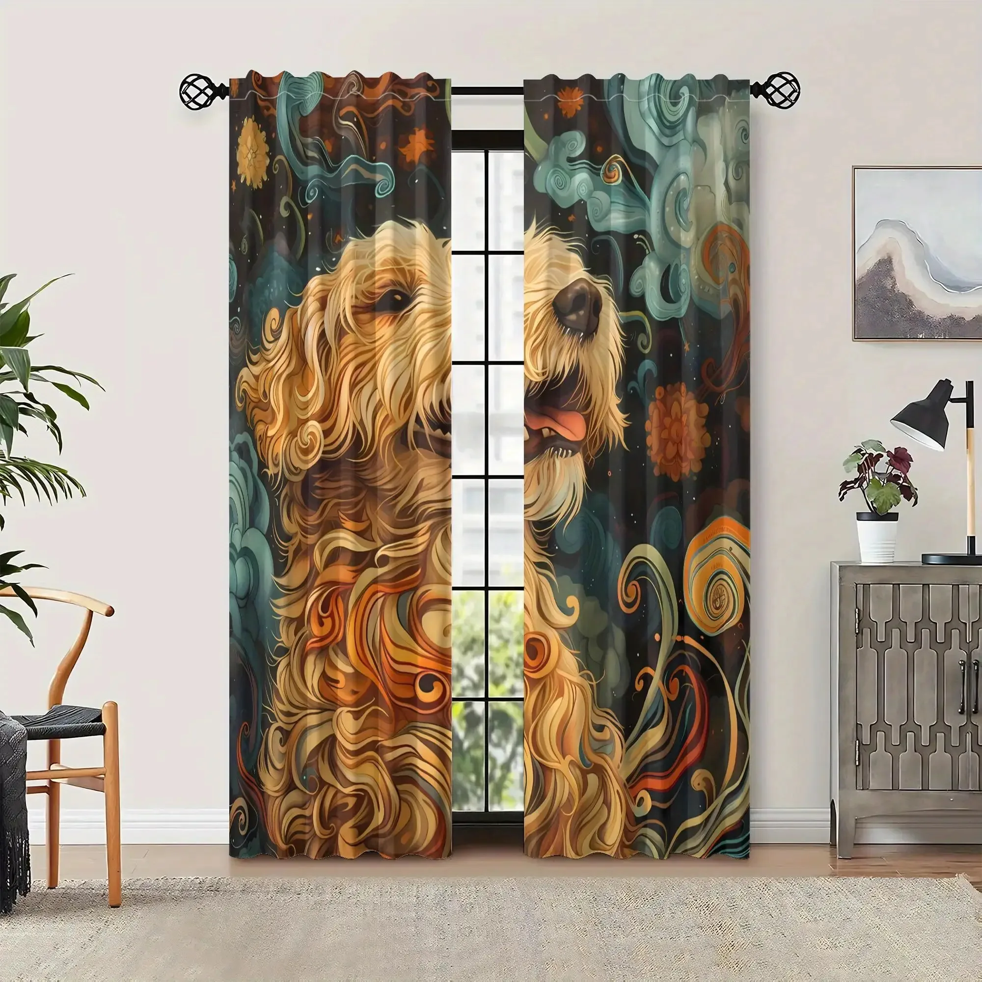 Happy Golden Retriever Dog Print Drapes - Colorful Space-Inspired Design Featuring Planets & Stars, Light-Blocking Drapes for Th