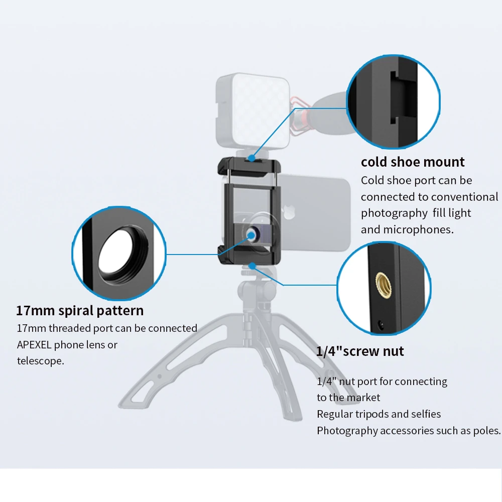 APEXEL Telephoto Lens Adapter 17mm Thread Universal Clip 66-95mm Extendable Clamp For APEXEL Lenses Mobile Phone Accessories