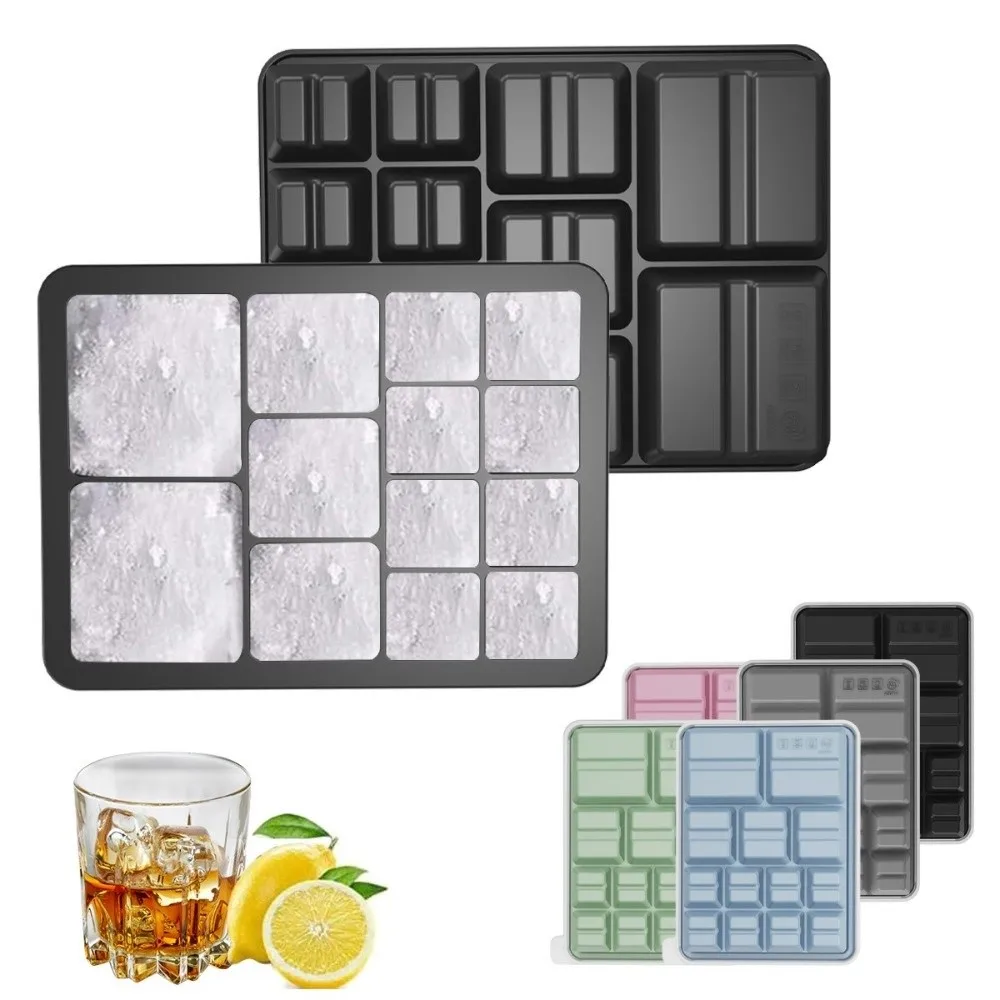 New Silicone Ice Cube Mold Square Shape Leak Proof Lid Ice Making Mold Multi-size 13 Grid Stackable Ice Tray Kitchen Use