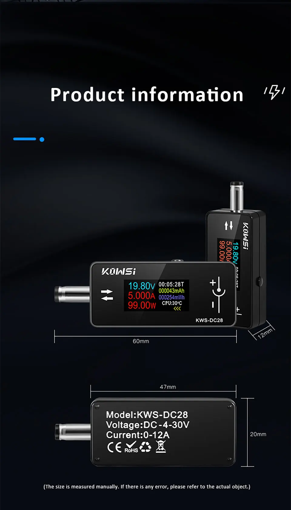 KWS-DC28 Schnittstellentester, 4–30 V, 12 A, Spannung, Stromtester, digitales Voltmeter, Amperemeter, 0,96 Zoll TFT-Farbbildschirm, Leistungsmesser – Detail 11
