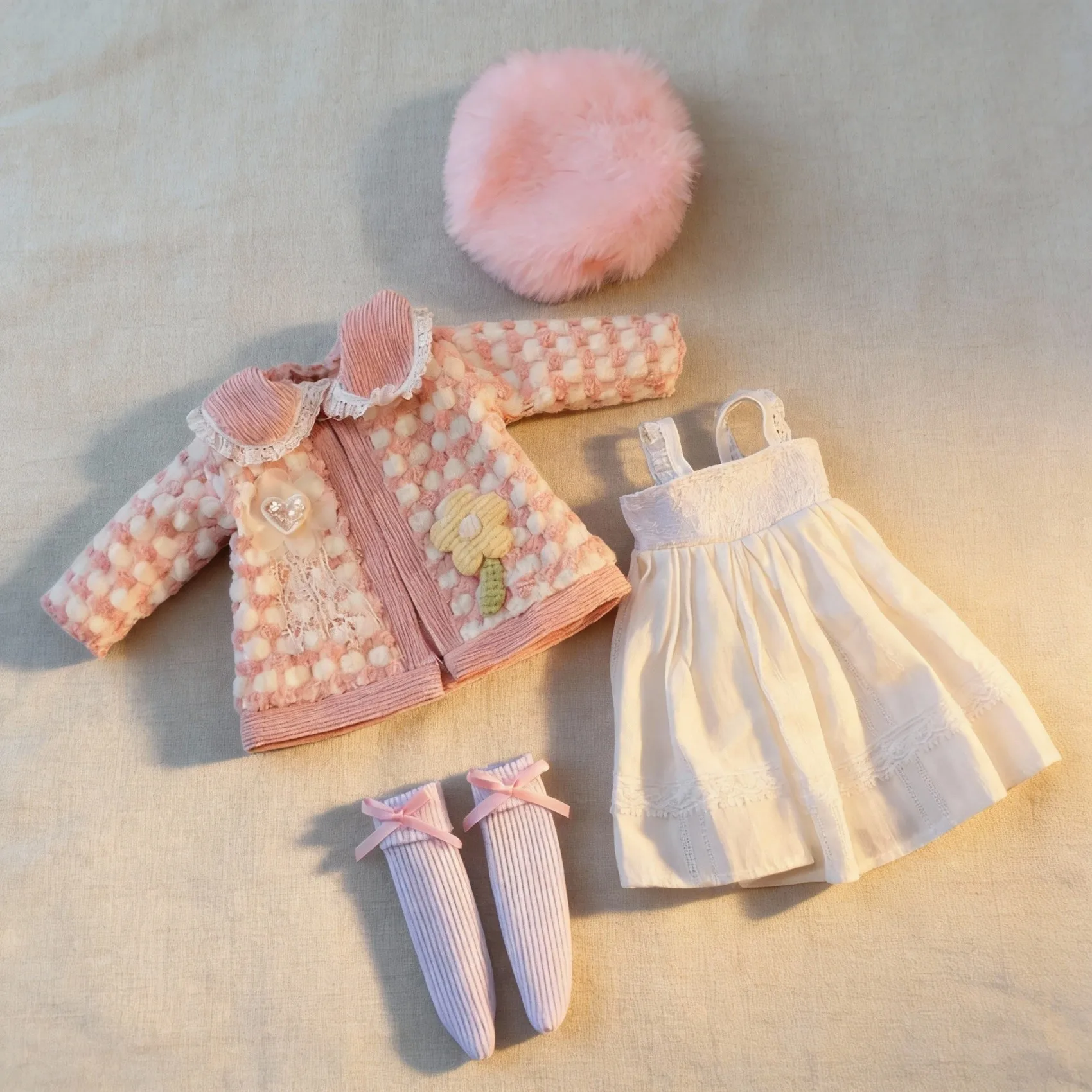 

30cm BJD Outfit Pink Plush Beret Lace Dress Knit Coat with Socks 1/6 Doll Clothes Cottagecore Winter Gift for Collectors