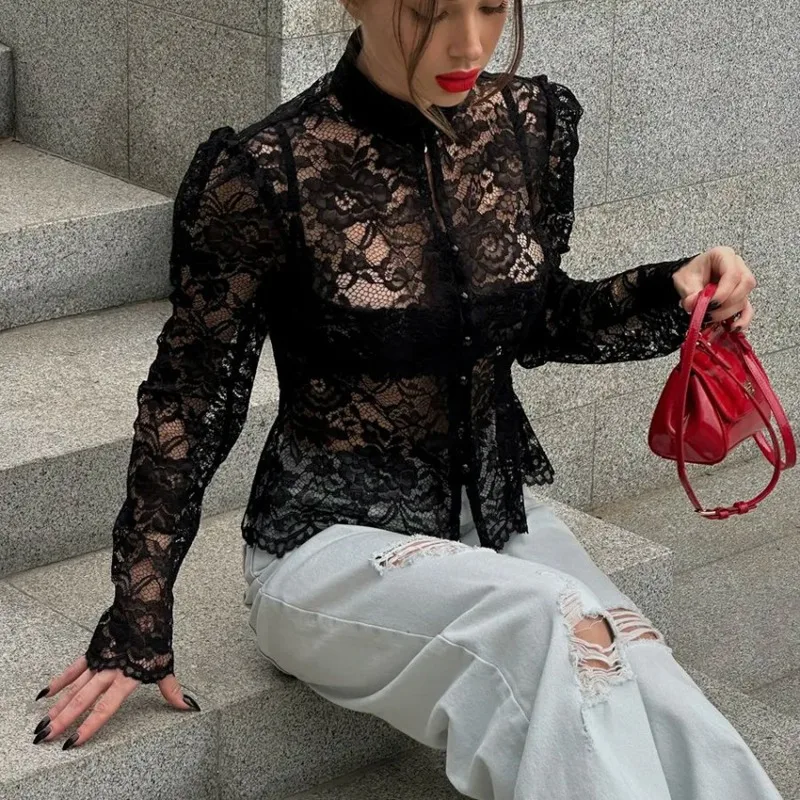 

Tsiisd Fashion Lace Sheer T-Shirt Top Women Floral Stand Collar Blouse Commuting Sexy Elegant Streetwear 2026 New Female Y2k Top