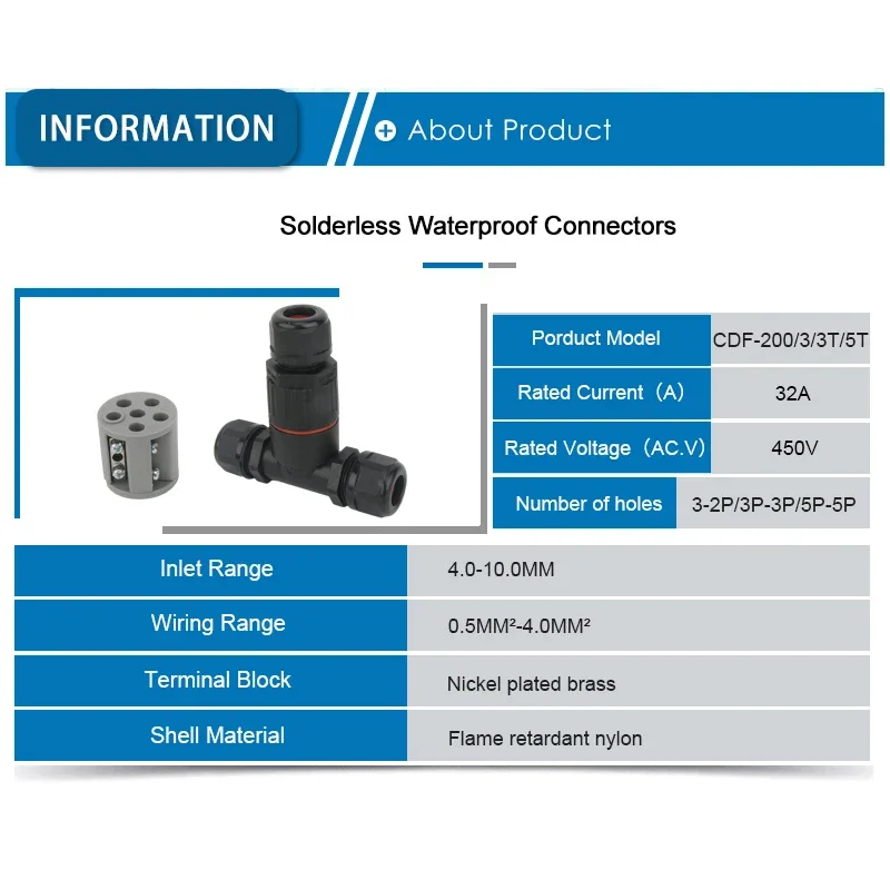 IP68 I/T Shape Waterproof Connector 2/3/5 Pin Wire Connectors Quick Screw Connect Push-in Terminals Electric Junction Box