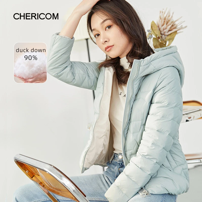 Chericom Short Hooded Winter Women's Down Jacket Overcoat Lightweight Casual Jacket Waterproof Warm Soft Padded Jacket 279018